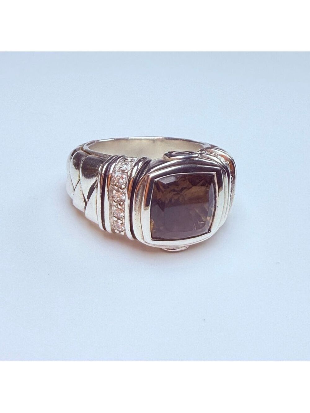 Scott Kay Cushion Smoky Quartz & Diamond Sterling Silver 925 Basket Weave Ring - Picture 2 of 12